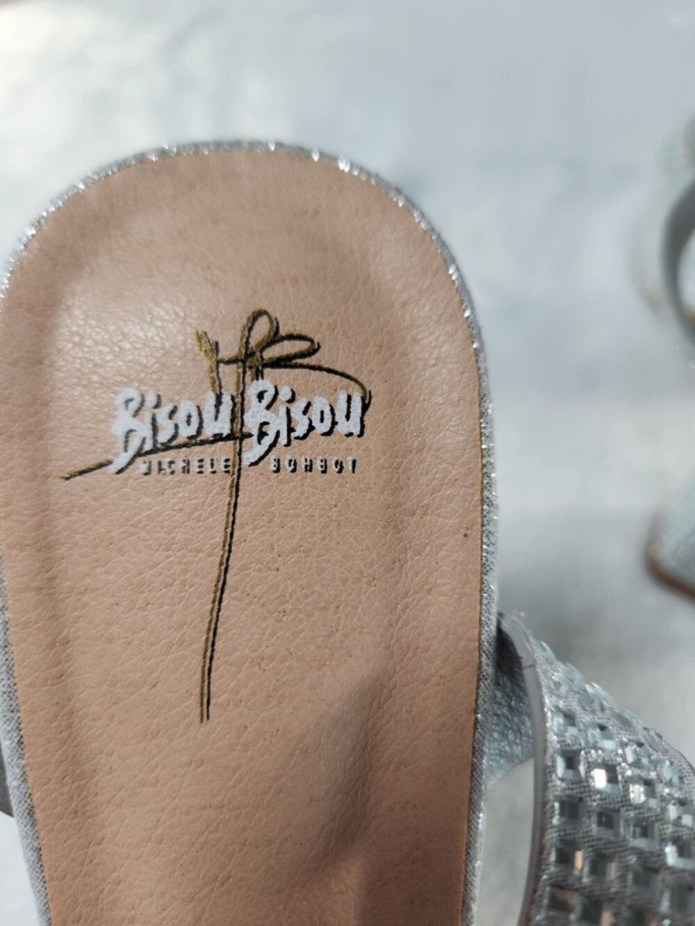 Bisou Bisou Michele Bohbot Silver Rhinestone Platform Sandals Square Toe Sz 8.5 - Picture 6 of 7